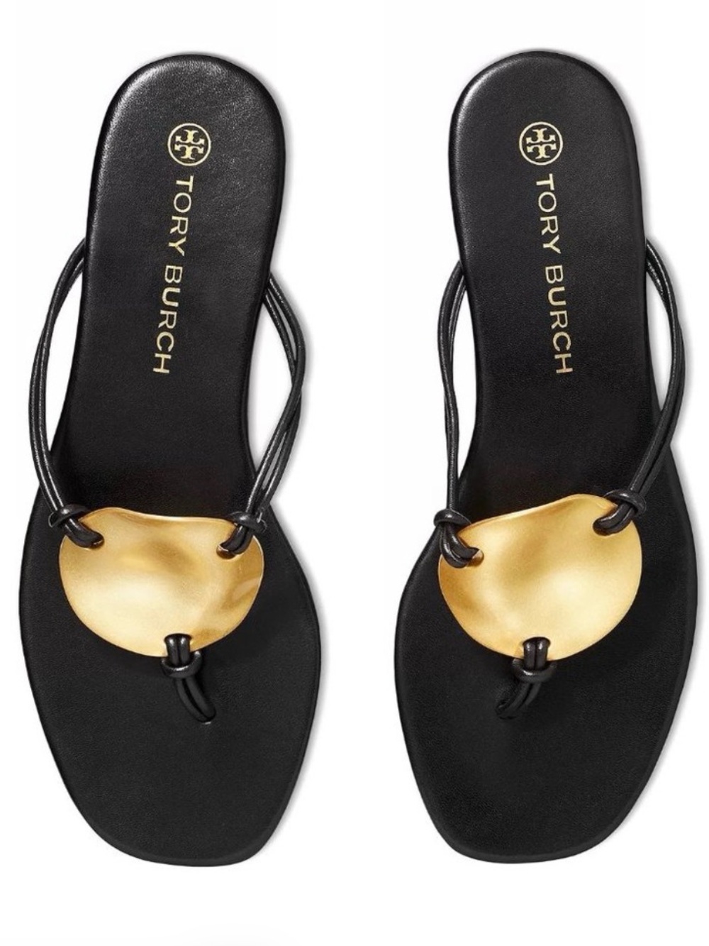 Tory Burch Disc Patos Black Leather Sandals with Gold Medallion size 7.5 EUC